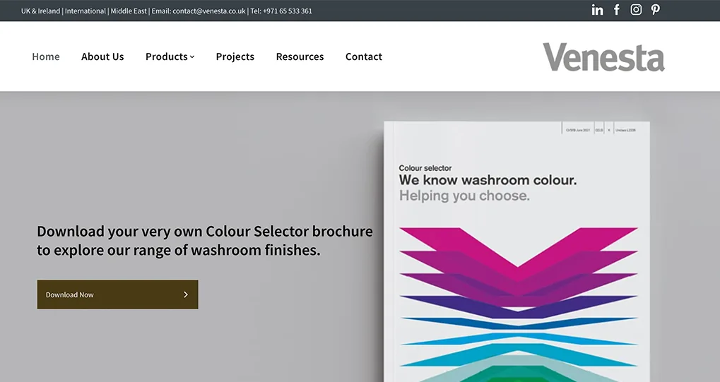 A screenshot of the Venesta website.